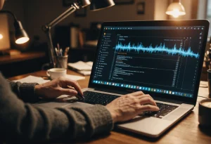 Человек пишет за ноутбуком